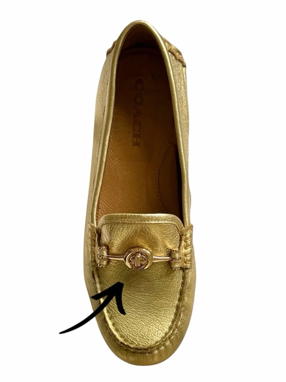 Coach Metallica Gold Tumbled Leather TurnLock Arlene Driving Loafers Size 7.5